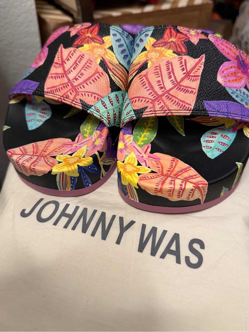 Johnny Was Melia Ring Beach Floral Slide Sandals Navy Multi Size 8